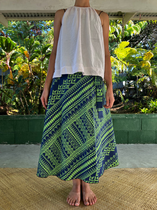 ラップスカート・タパストライプ(ネイビーブルー&グリーン)/ポリコットン