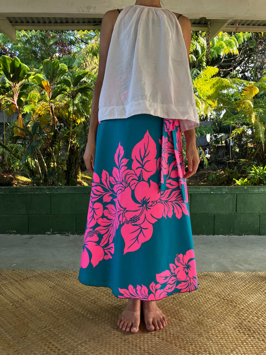 ラップスカート・ハイビスカス(ピンク&ターコイズ)/ポリコットン