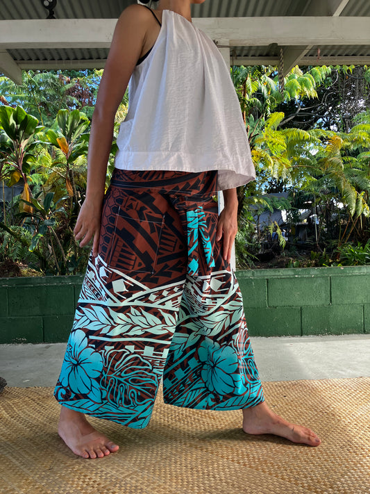 Hawaiian Pants・Brown & Teal Tapa/ Poly Cotton