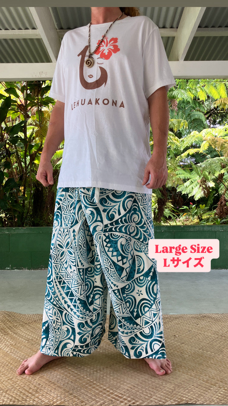 【Large Size】Hawaiian Pants・Turquoise Tribal/Cotton 100%