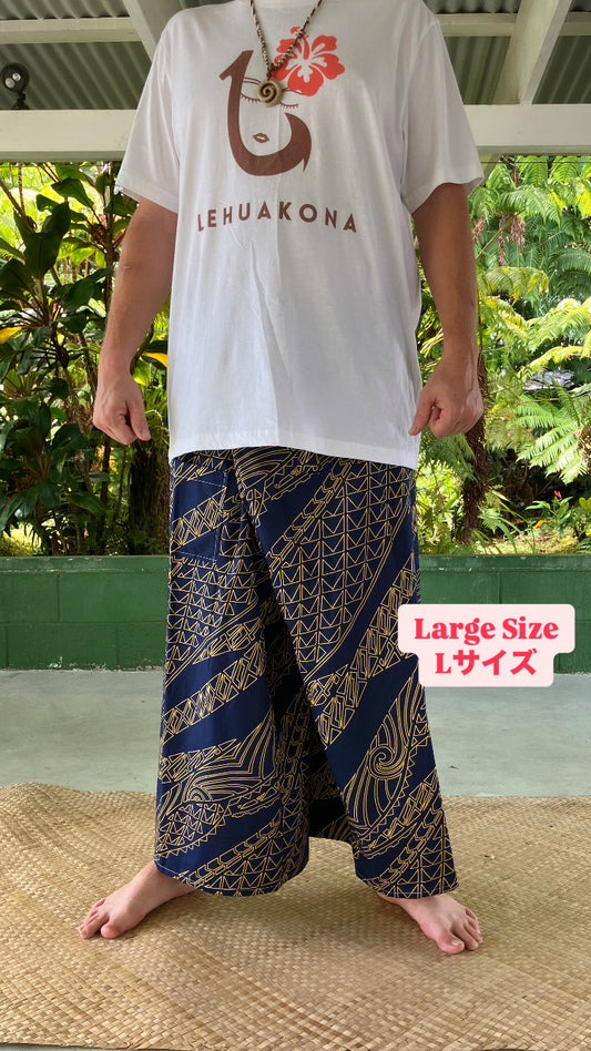 【Large Size】Hawaiian Pants・Navy Tapa/Cotton 100%