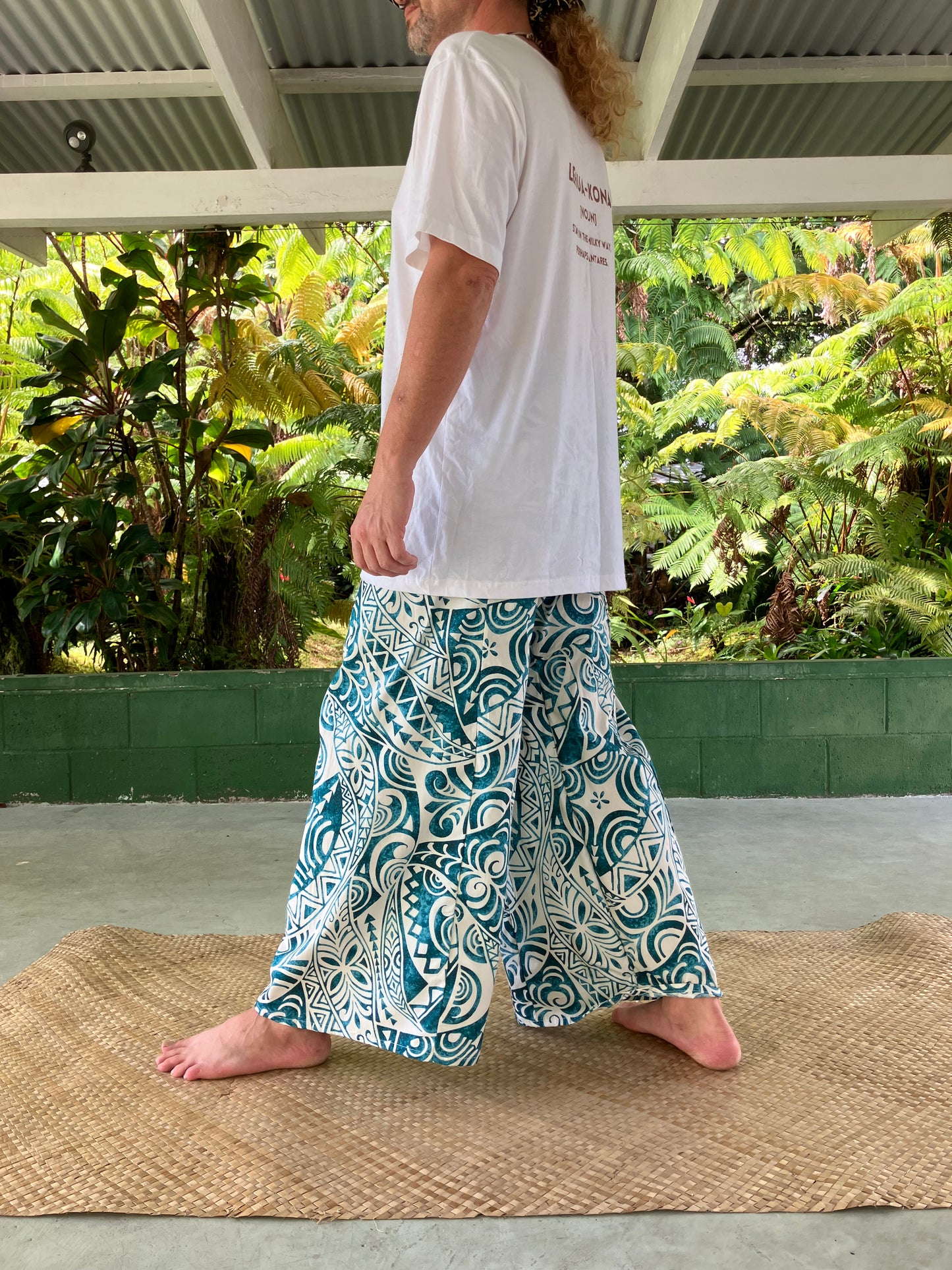 【Large Size】Hawaiian Pants・Turquoise Tribal/Cotton 100%